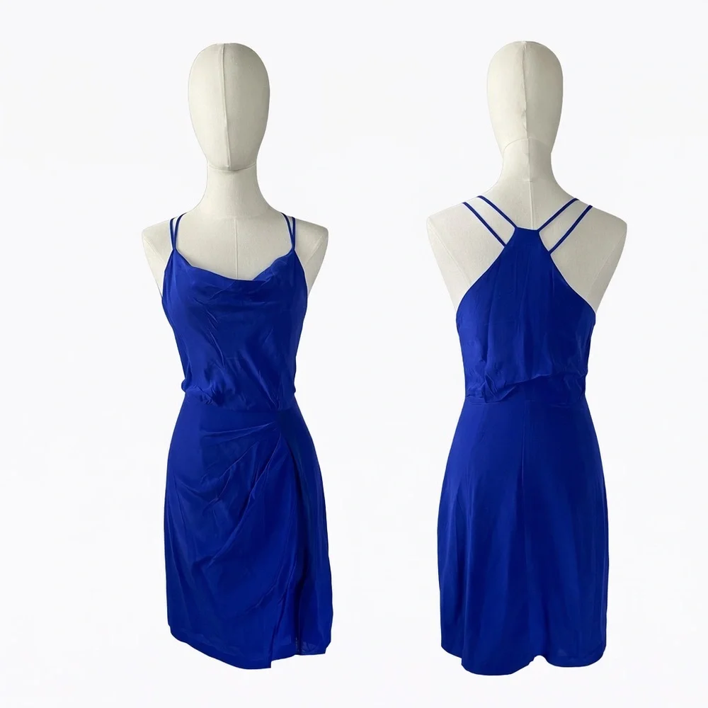 Anthro Greylin Silk Wrap Dress Blue Cowl Neck Mini Wedding Guest XS